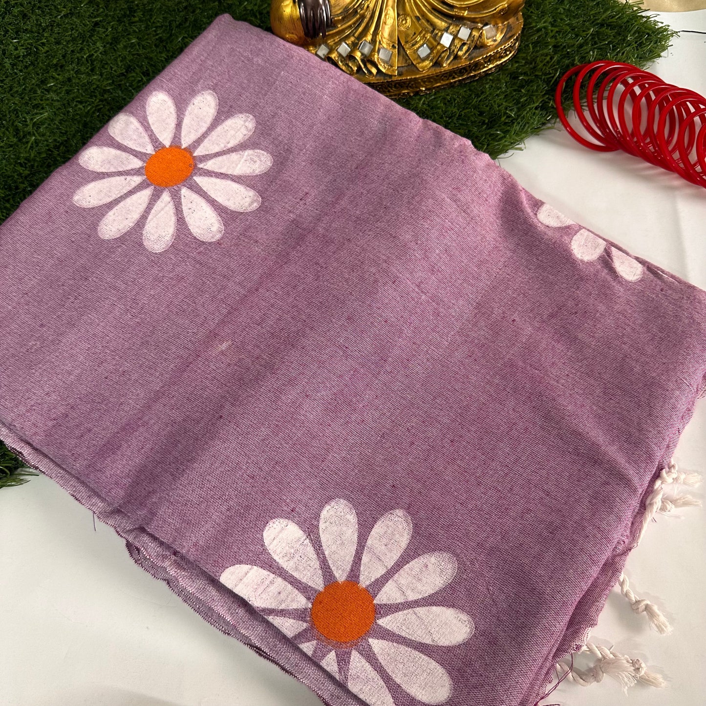 Gul-Daisy Khadi Cotton Handpainted Saree