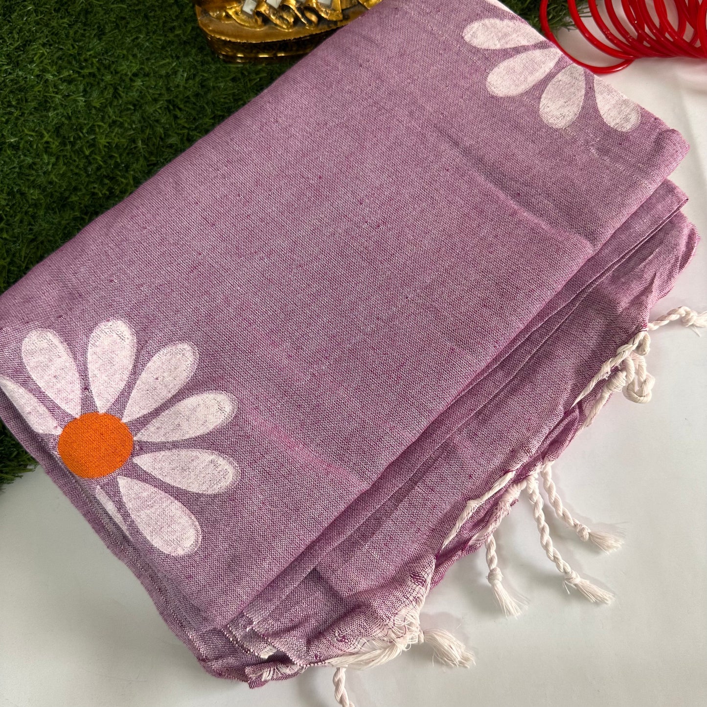 Gul-Daisy Khadi Cotton Handpainted Saree