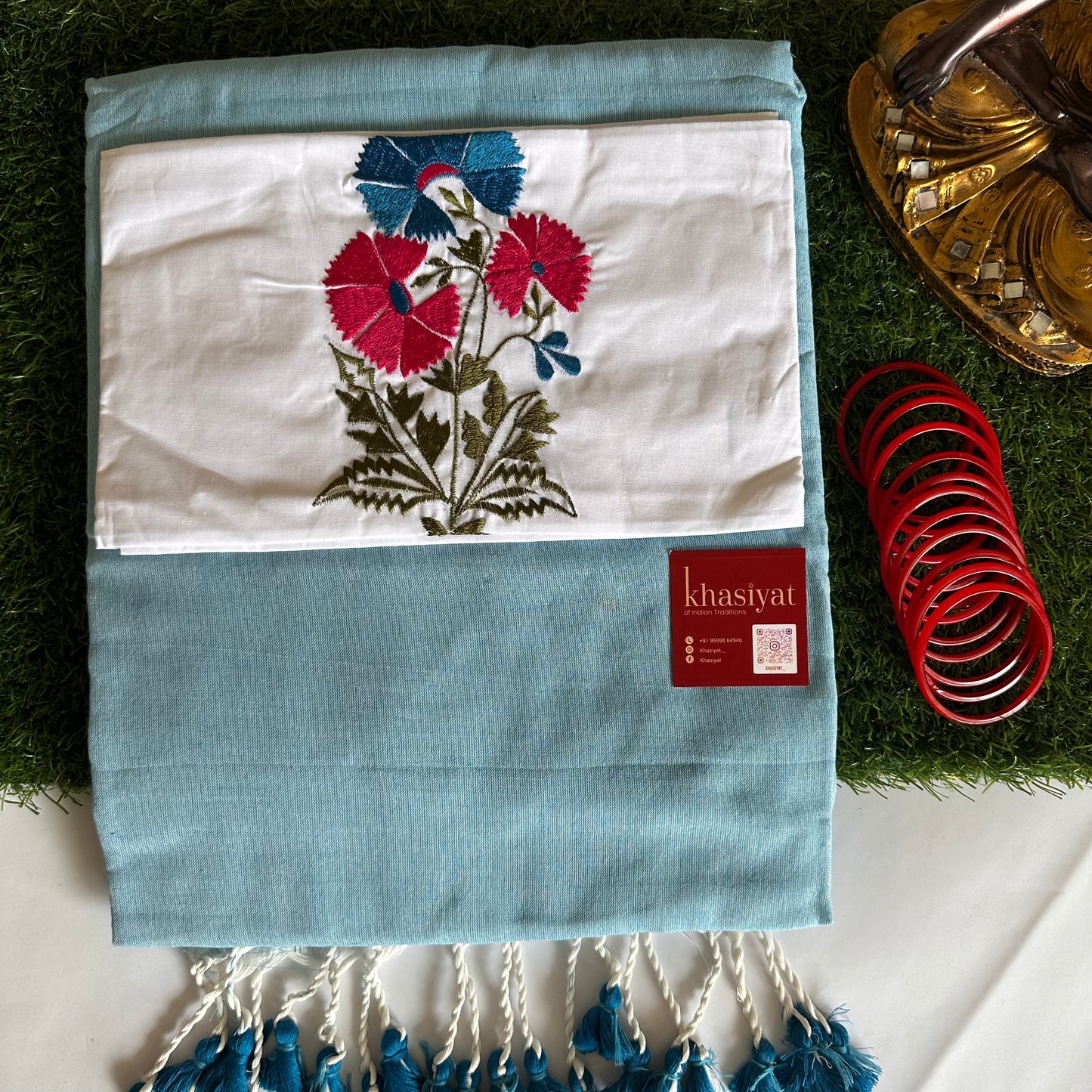 Blue Blossom Handloom Khadi Cotton Saree - Khasiyat