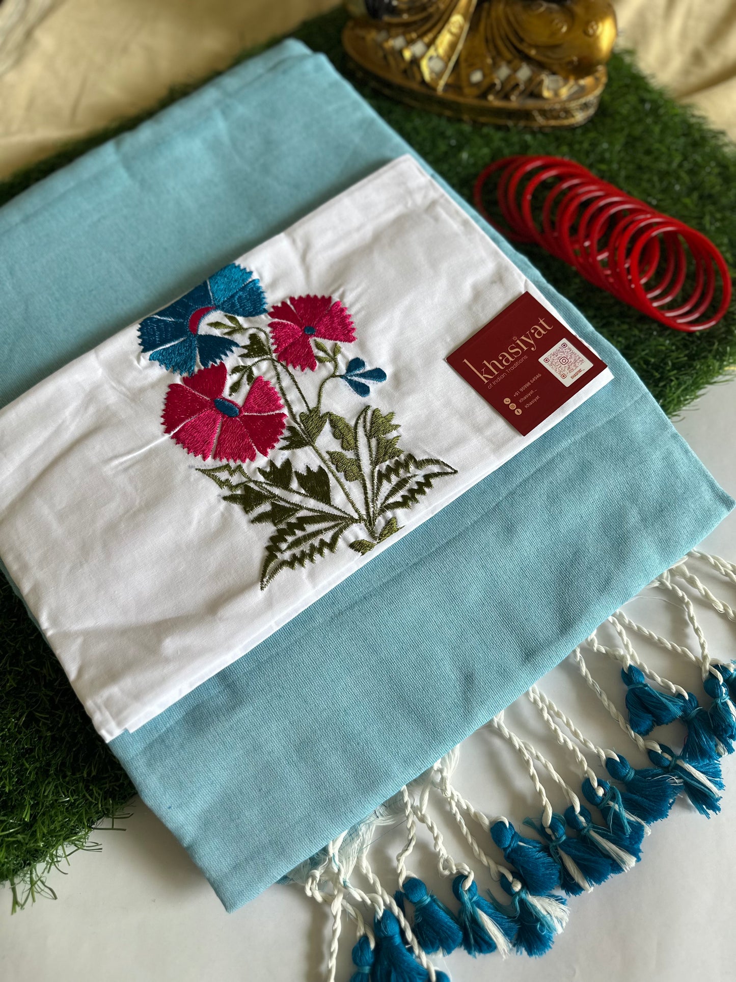 Blue Blossom Handloom Khadi Cotton Saree - Khasiyat
