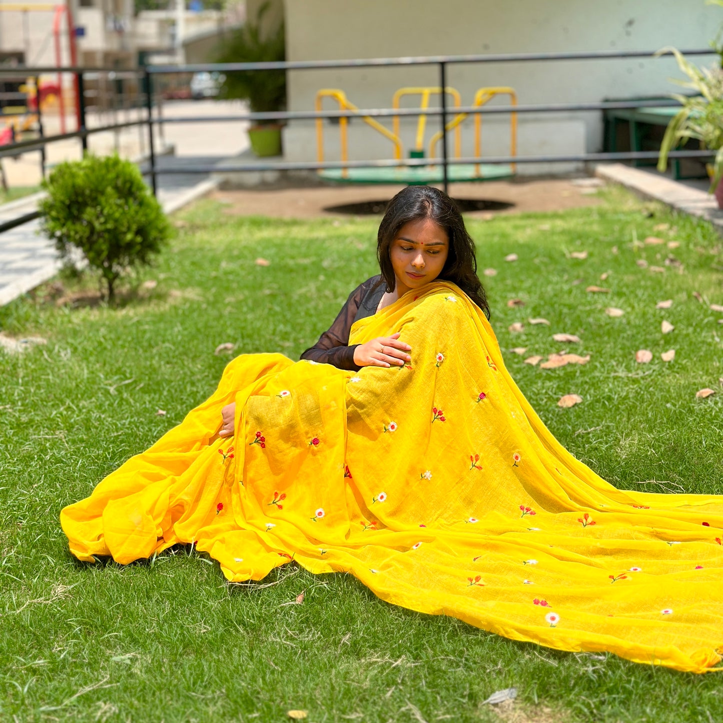 Sunshine Bloom – Hand-Embroidered Yellow Cotton Saree - Khasiyat
