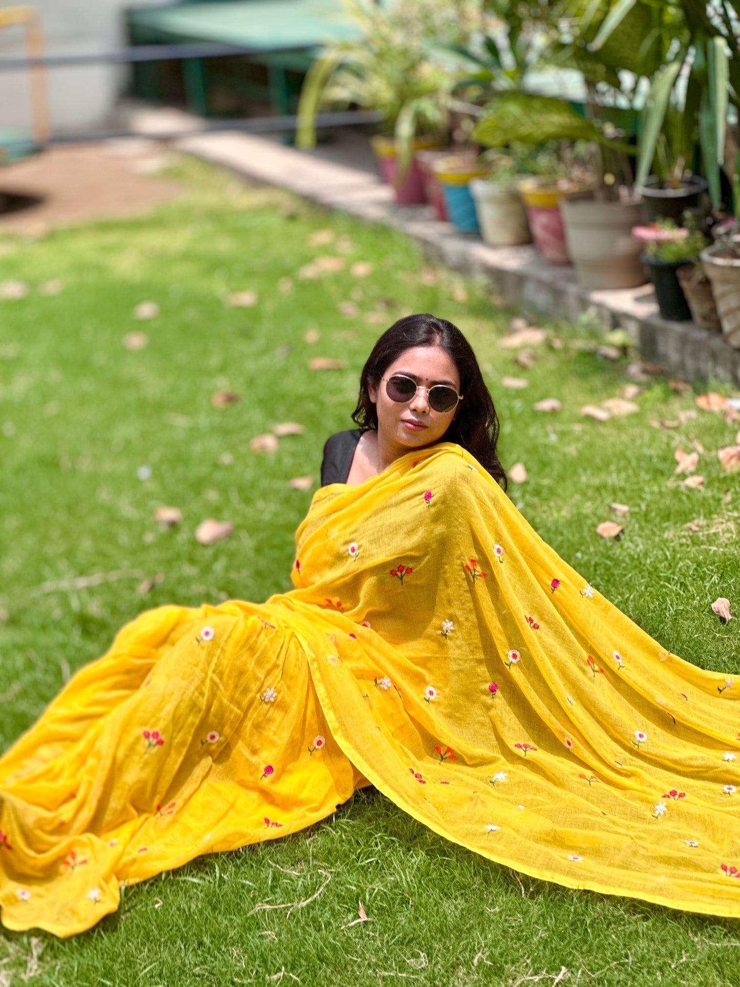 Sunshine Bloom – Hand-Embroidered Yellow Cotton Saree - Khasiyat