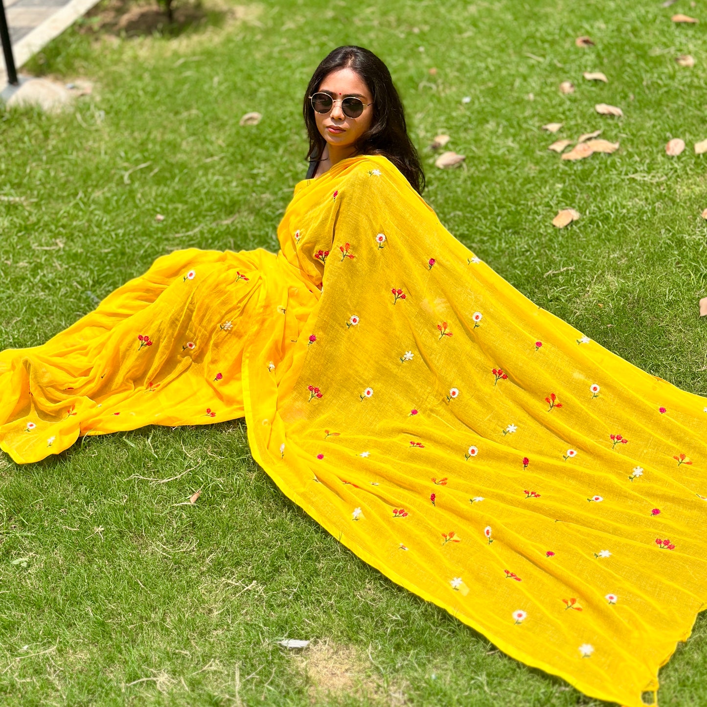 Sunshine Bloom – Hand-Embroidered Yellow Cotton Saree - Khasiyat
