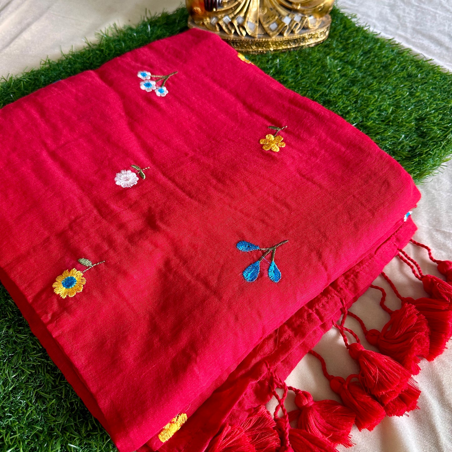 Crimson Red Hand-Embroidered Mul Cotton Saree - Khasiyat
