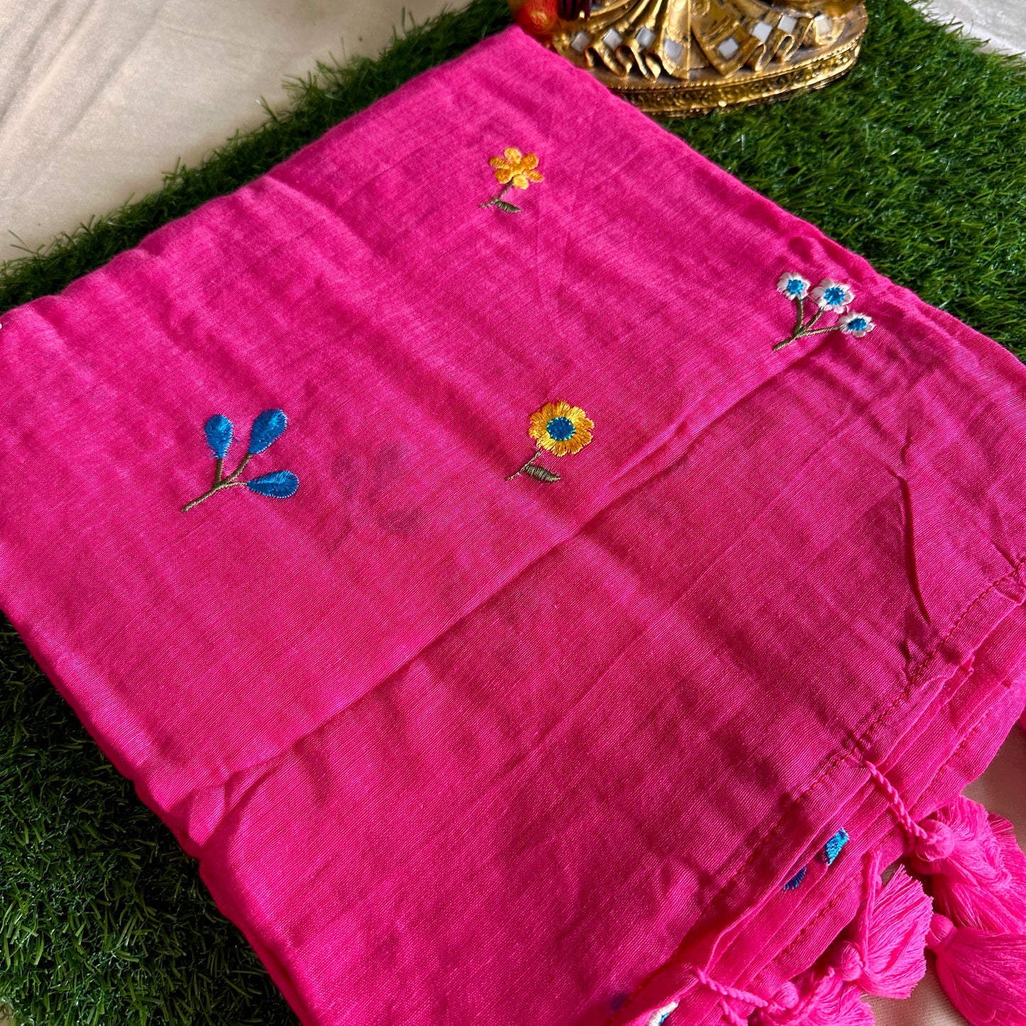 Rani Pink Hand-Embroidered Mul Cotton Saree - Khasiyat