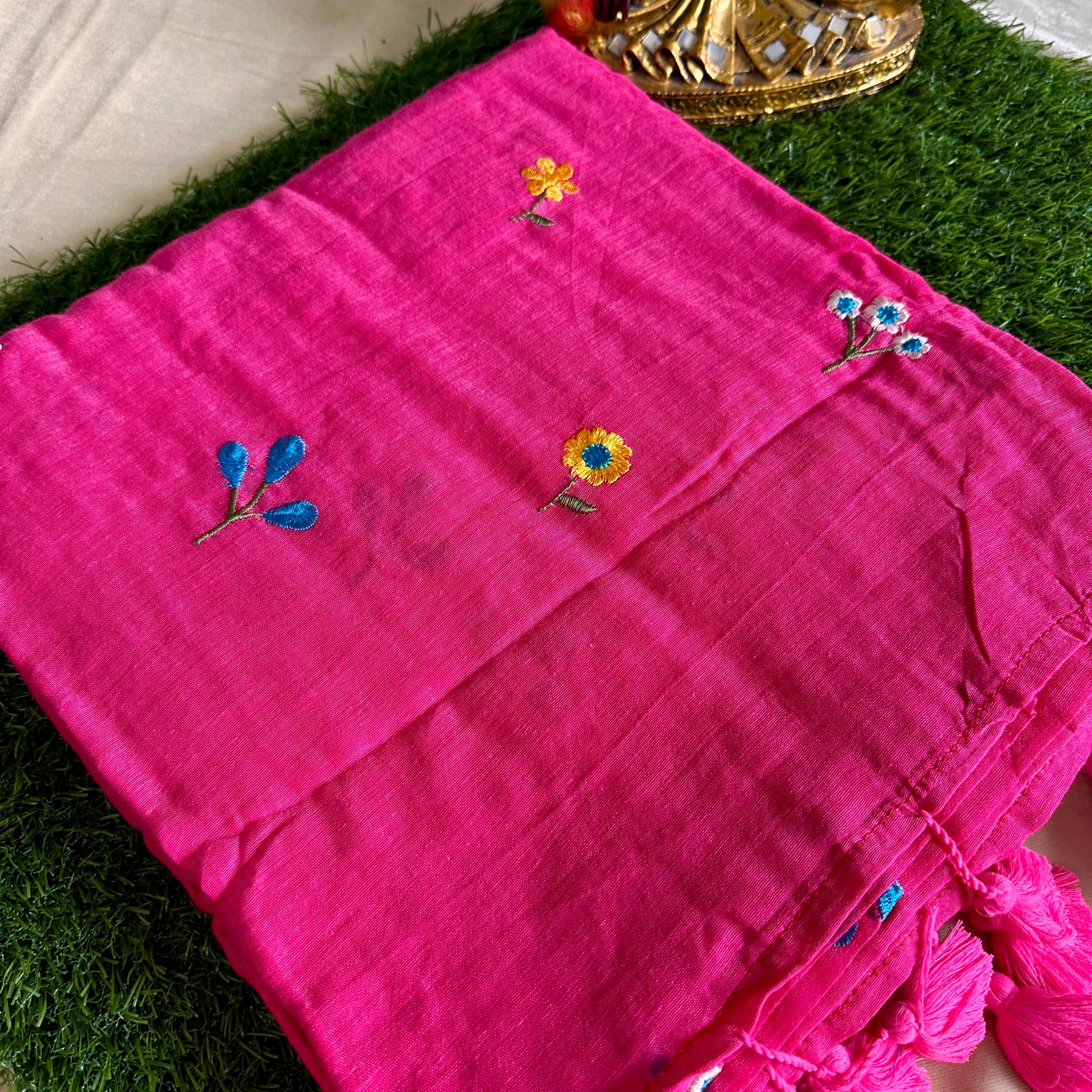 Rani Pink Hand-Embroidered Mul Cotton Saree - Khasiyat