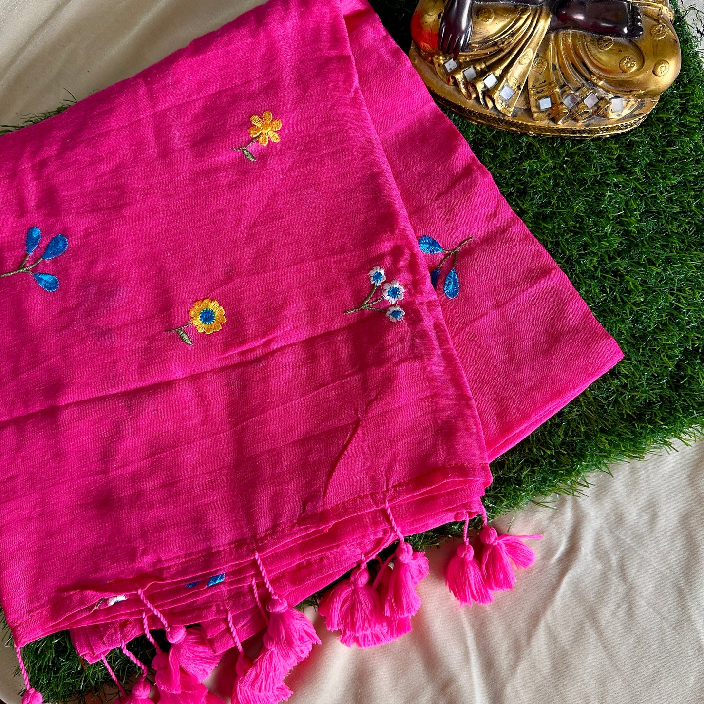 Rani Pink Hand-Embroidered Mul Cotton Saree - Khasiyat