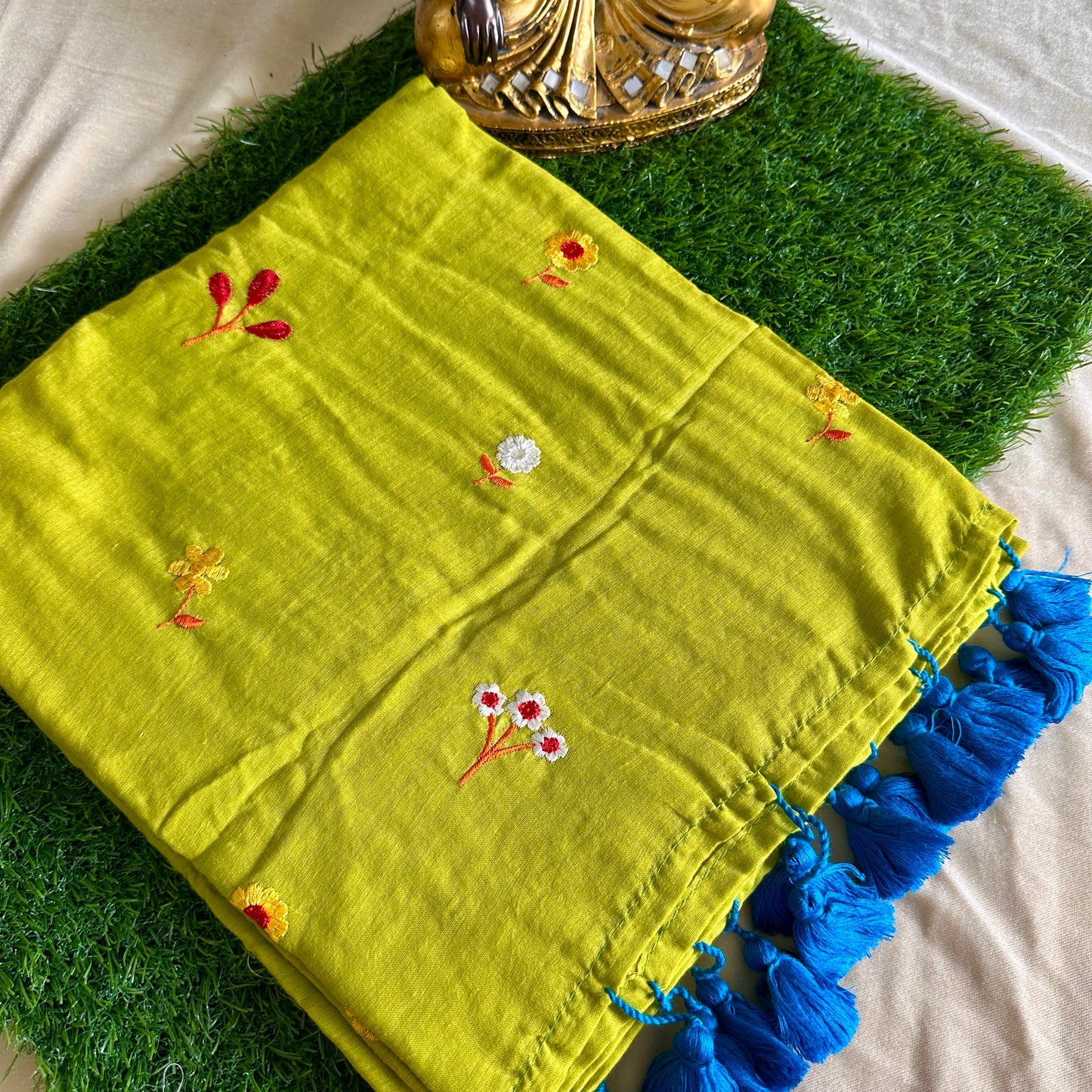Lime Green Hand-Embroidered Mul Cotton Saree - Khasiyat