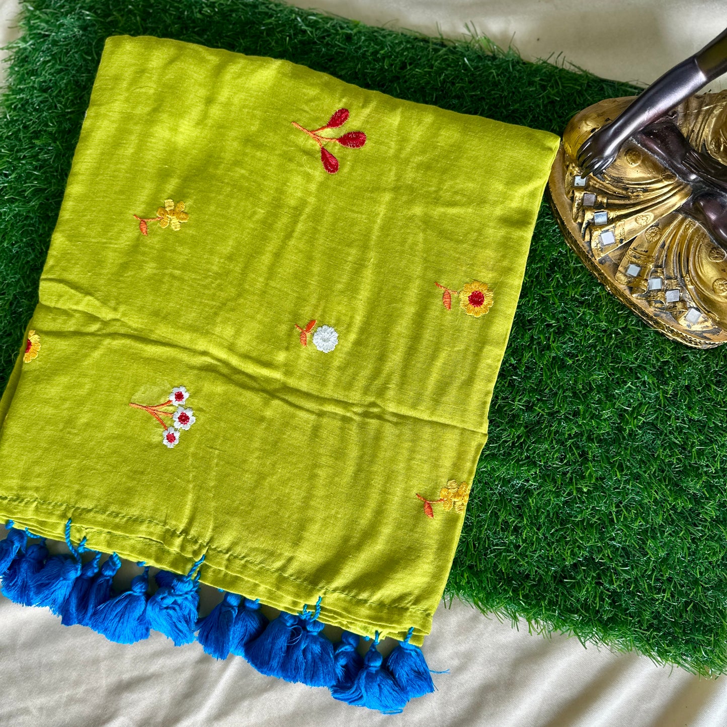 Lime Green Hand-Embroidered Mul Cotton Saree - Khasiyat