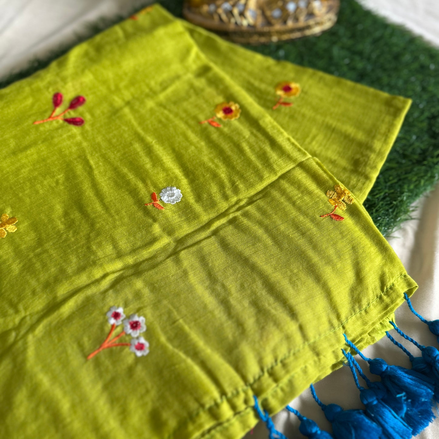 Lime Green Hand-Embroidered Mul Cotton Saree - Khasiyat