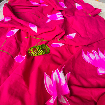 Gulabi Kamal – Handpainted Khadi Cotton Saree