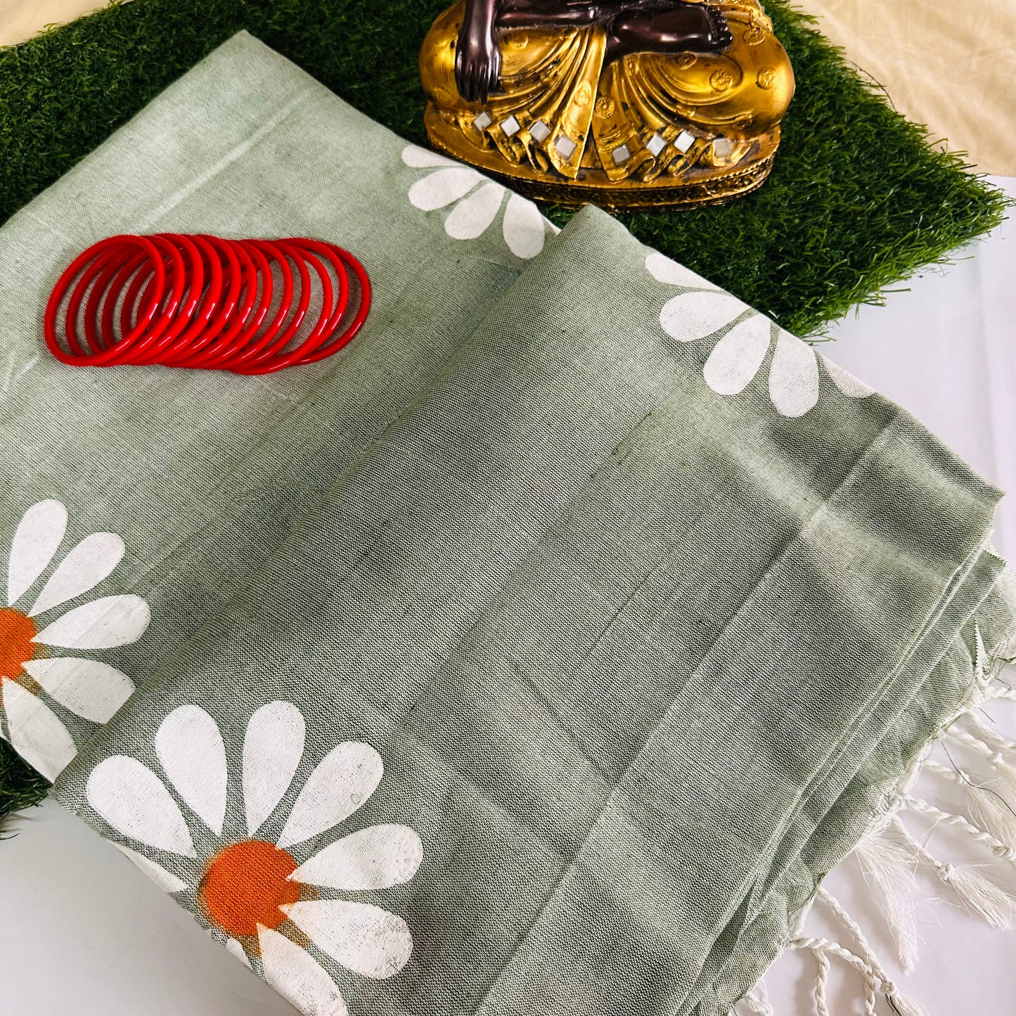 Sage Bloom - Handpainted Saree