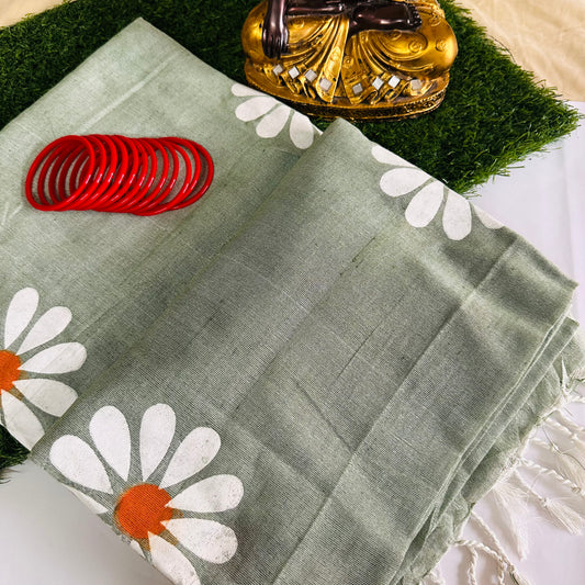 Sage Bloom - Handpainted Saree