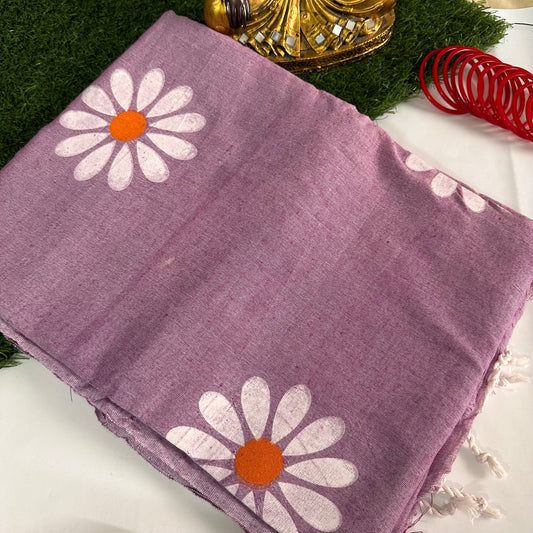 Gul-Daisy Khadi Cotton Handpainted Saree