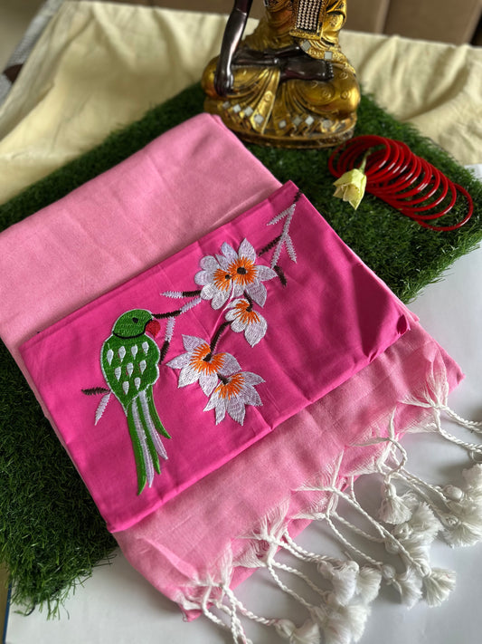 Gulabi Parrot Khadi Cotton Saree - Khasiyat