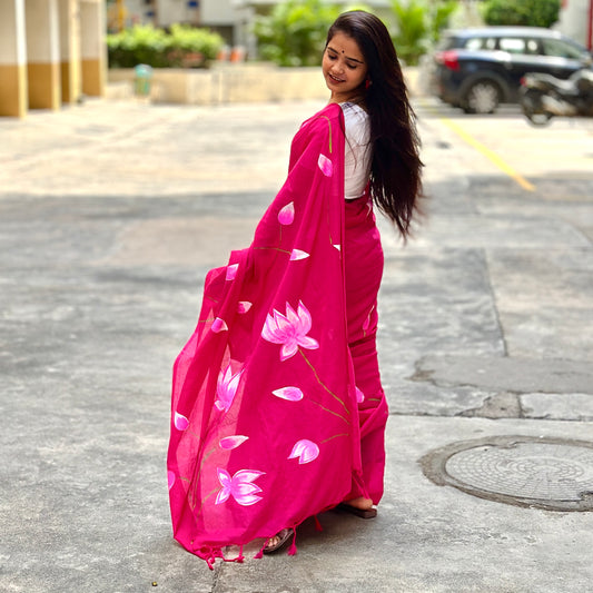 Gulabi Kamal – Handpainted Khadi Cotton Saree - Khasiyat