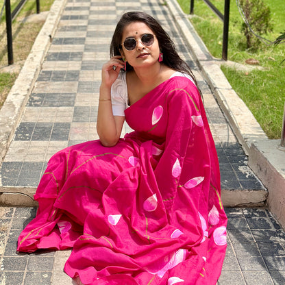 Gulabi Kamal – Handpainted Khadi Cotton Saree - Khasiyat