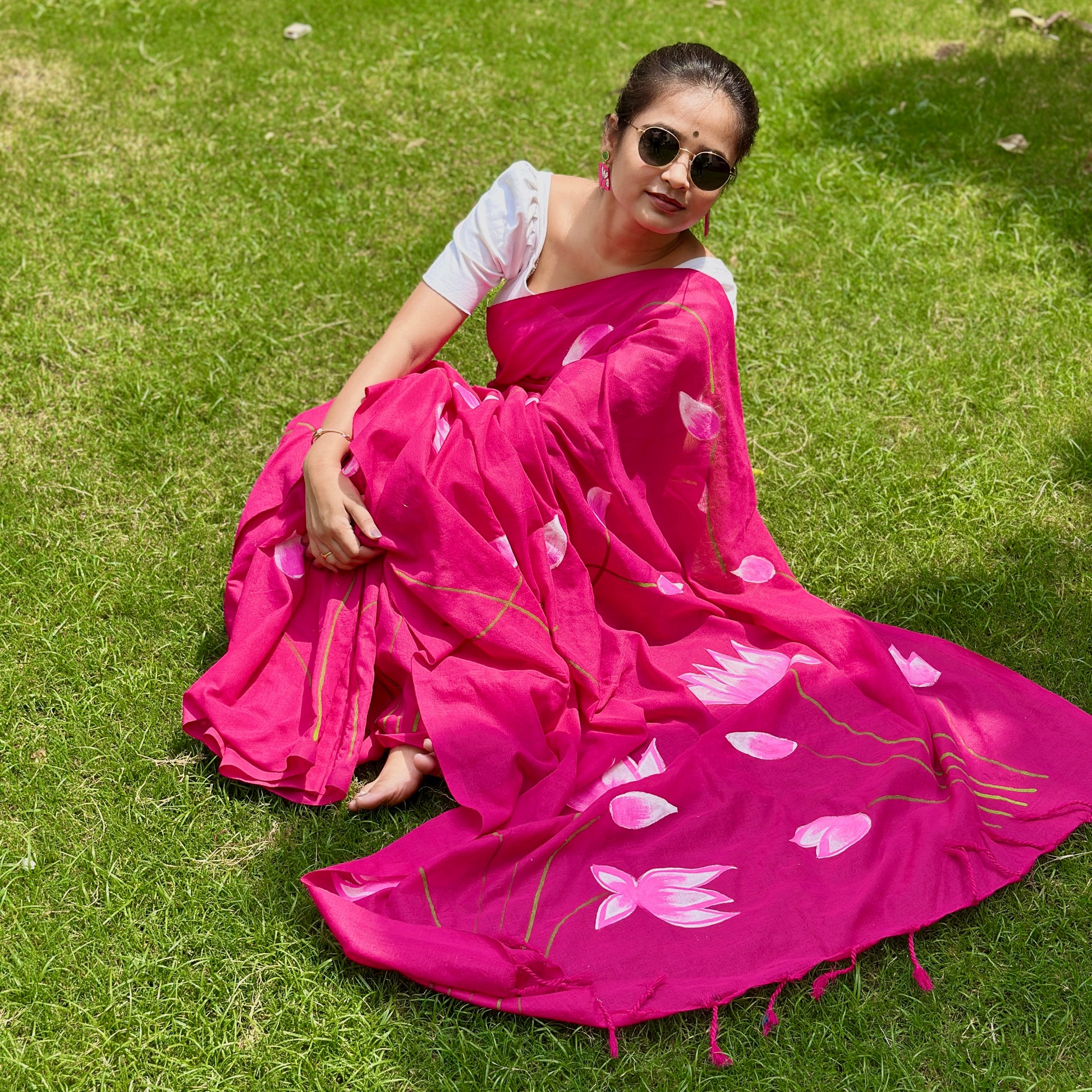 Gulabi Kamal – Handpainted Khadi Cotton Saree - Khasiyat