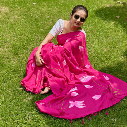 Gulabi Kamal – Handpainted Khadi Cotton Saree - Khasiyat