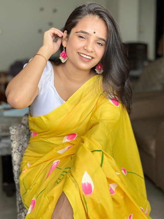 Surya Padma- Handpainted Khadi Cotton Saree - Khasiyat