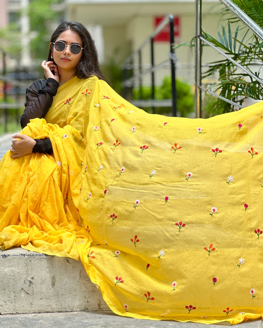 Sunshine Bloom – Hand-Embroidered Yellow Cotton Saree - Khasiyat