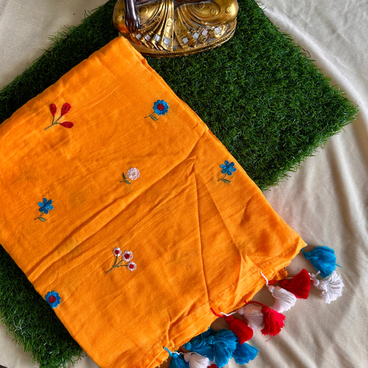 Sunshine Bloom – Hand Embroidered Mul Cotton Saree - Khasiyat
