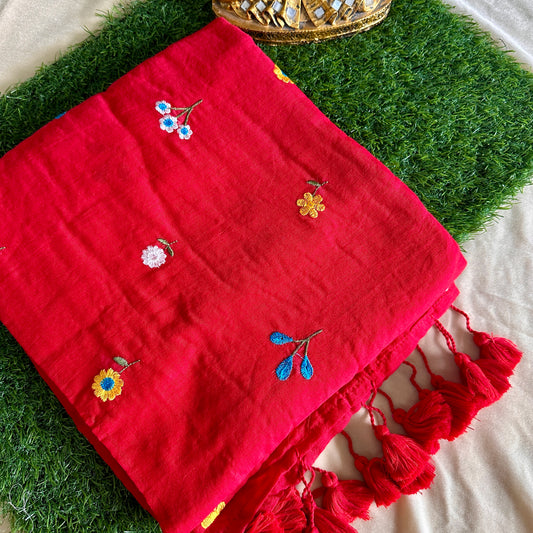 Crimson Red Hand-Embroidered Mul Cotton Saree - Khasiyat