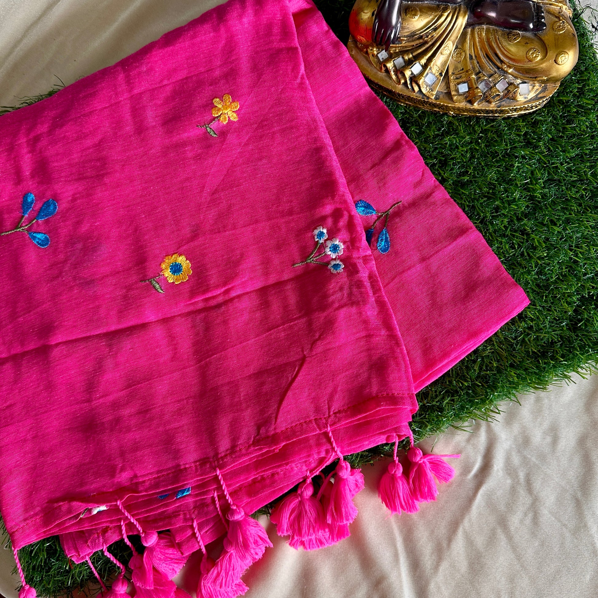Rani Pink Hand-Embroidered Mul Cotton Saree - Khasiyat