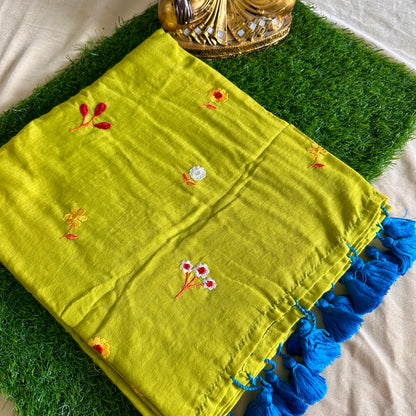 Lime Green Hand-Embroidered Mul Cotton Saree - Khasiyat