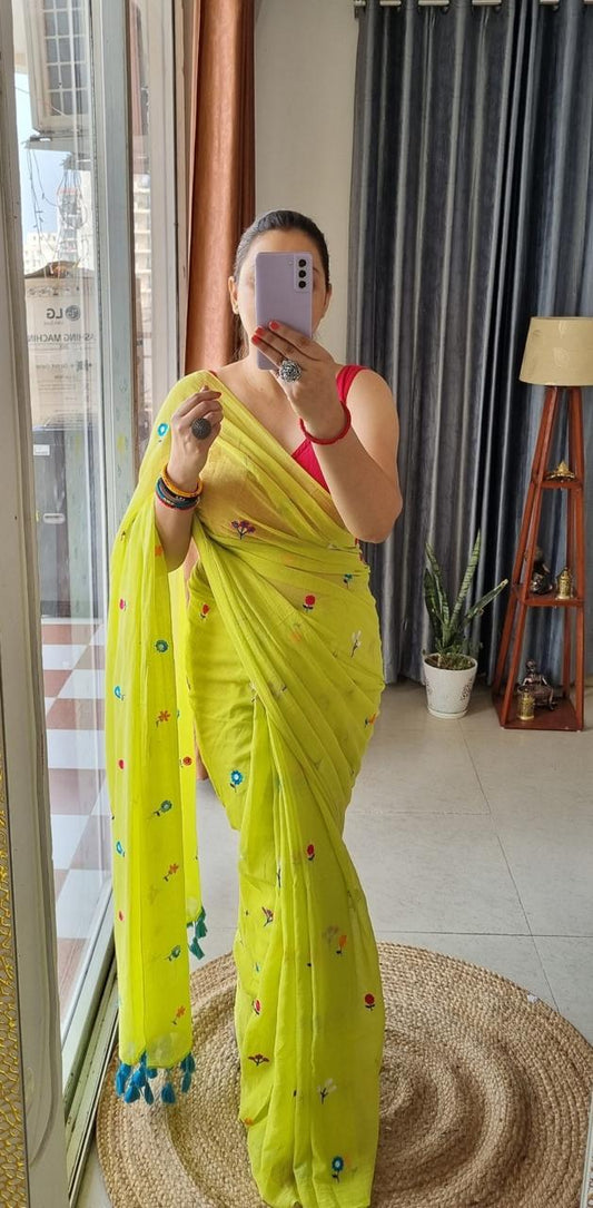 Lime Green Hand-Embroidered Mul Cotton Saree - Khasiyat