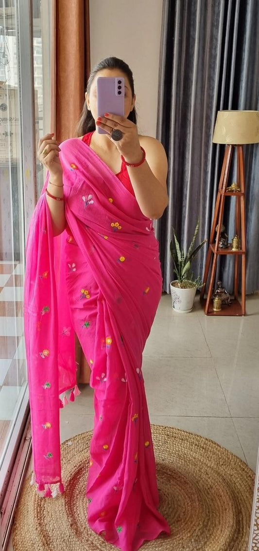 Rani Pink Hand-Embroidered Mul Cotton Saree - Khasiyat