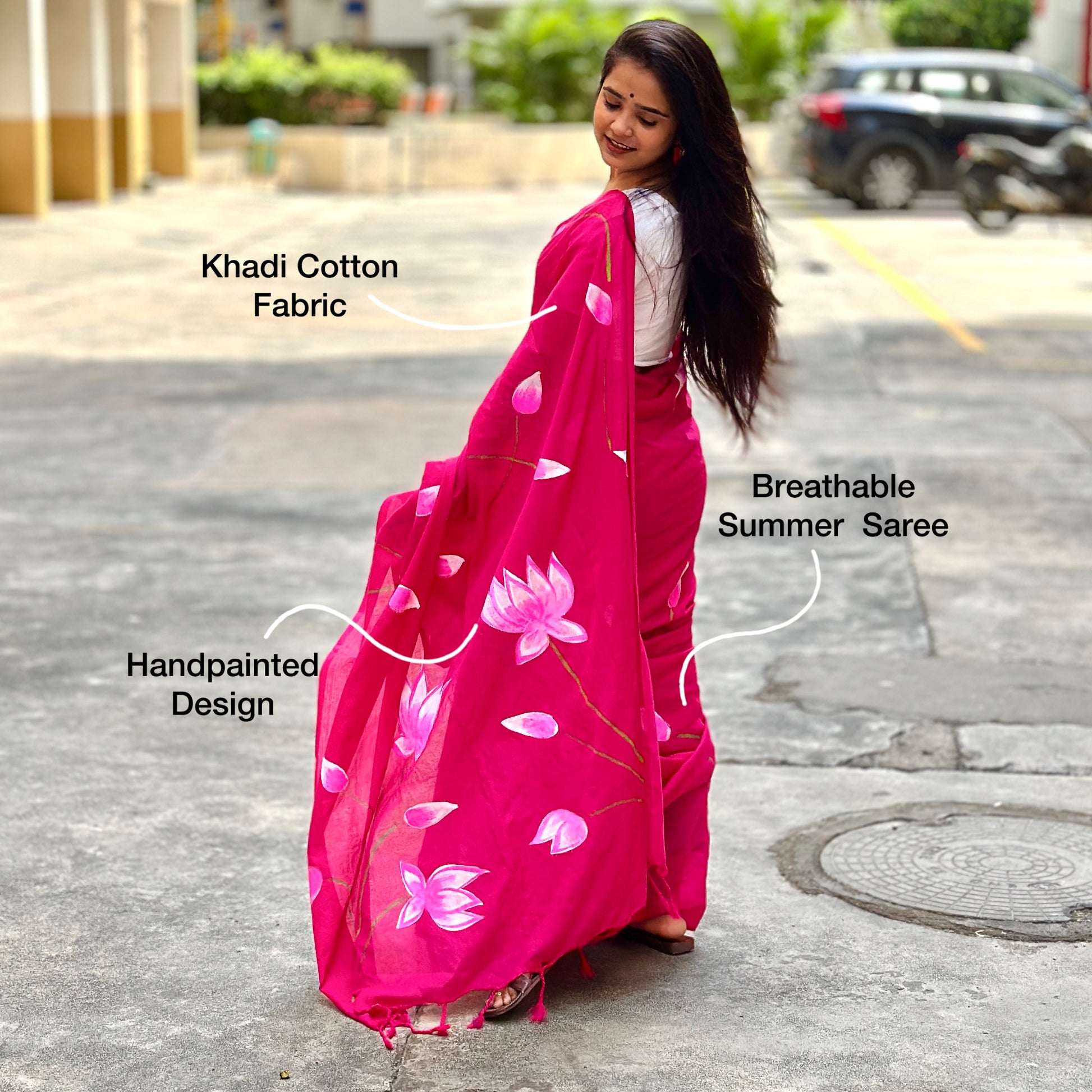 Gulabi Kamal – Handpainted Khadi Cotton Saree - Khasiyat