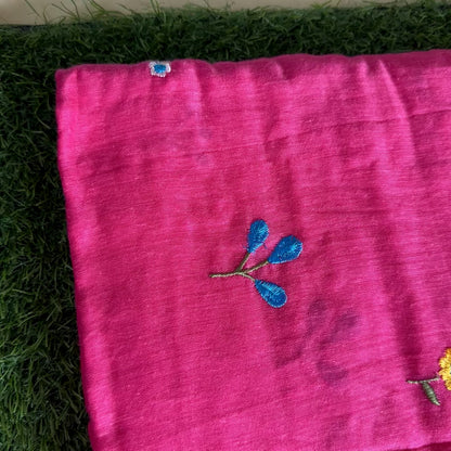 Rani Pink Hand-Embroidered Mul Cotton Saree