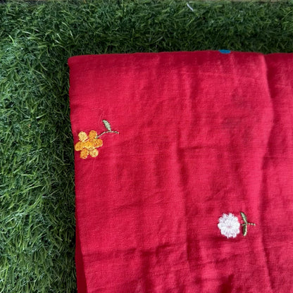 Crimson Red Hand-Embroidered Mul Cotton Saree